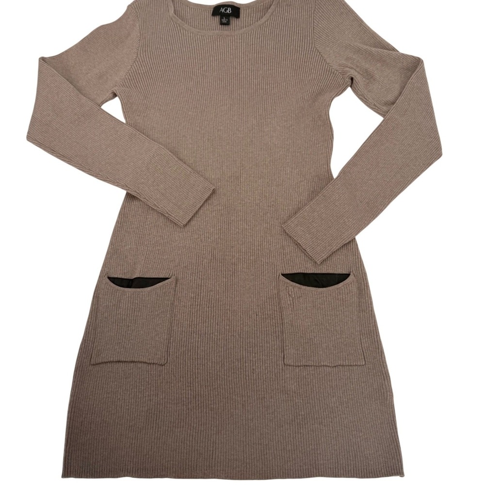 AGB Ribbed Long Sleeve Sweater Dress with Faux Leather Pockets Tan Size L - Picture 7 of 10